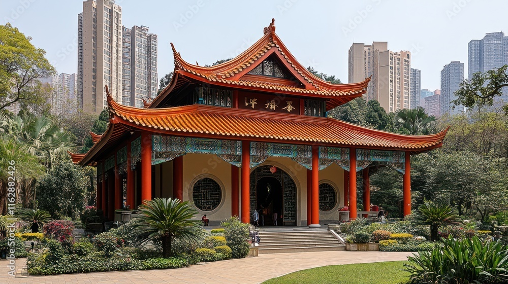 Traditional Chinese temple architecture in a park setting, featuring a red-orange roof, ornate detailing, and surrounding greenery. Modern city buildings in the background.