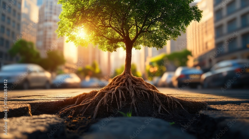 Obraz premium vibrant tree growing in the middle of a bustling city with towering high-rise buildings surrounding it.
