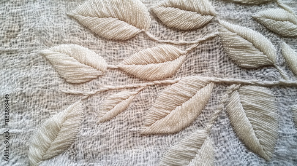 A close-up of intricate beige embroidered leaves on a textured fabric background. A close-up of intricate beige embroidered leaves on a textured fabric background.