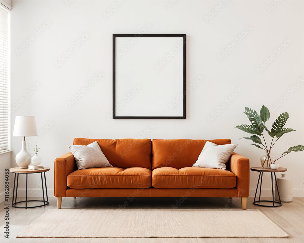 Cozy brown couch under stylish wall frame mockup in modern living room with big window with blinds Cozy brown couch under stylish wall frame mockup in modern living room with big window with blinds