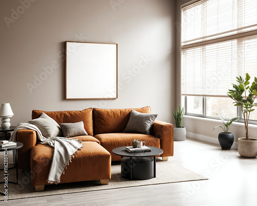 Cozy modern living room with brown leather sofa, black coffee table, and blank frame mockup on neutral wall near large window with blinds