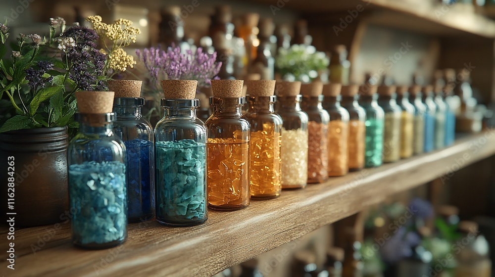 Colorful Crystals In Glass Bottles On Wooden Shelf Colorful Crystals In Glass Bottles On Wooden Shelf