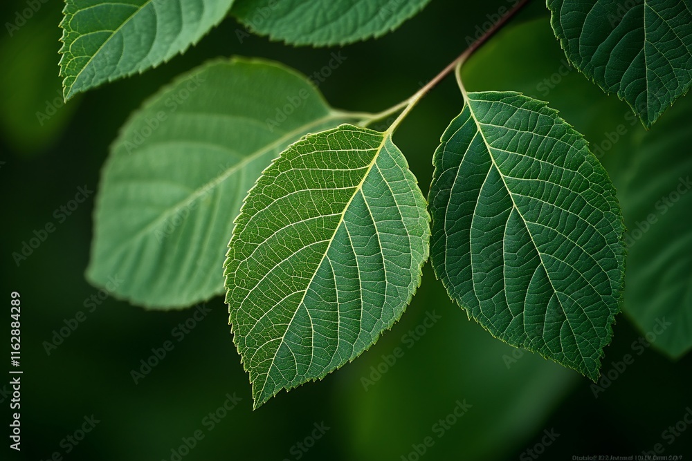 Close-up of three vibrant green leaves on a branch with detailed vein patterns against a blurred green background. Close-up of three vibrant green leaves on a branch with detailed vein patterns against a blurred green background.
