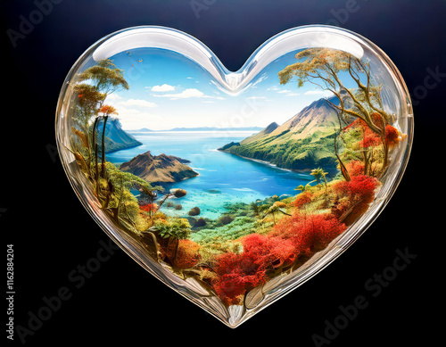 valentines glass heart with ocean view, mountains, and romantic tranquility