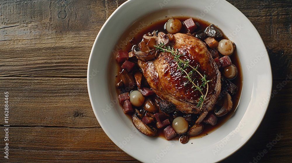 Close-up of a delicious coq au vin dish. Close-up of a delicious coq au vin dish.