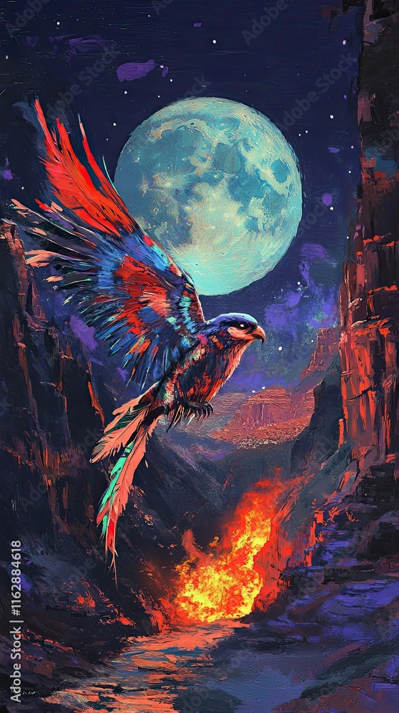 Obraz premium A vibrant bird soars above a fiery canyon under a large moon