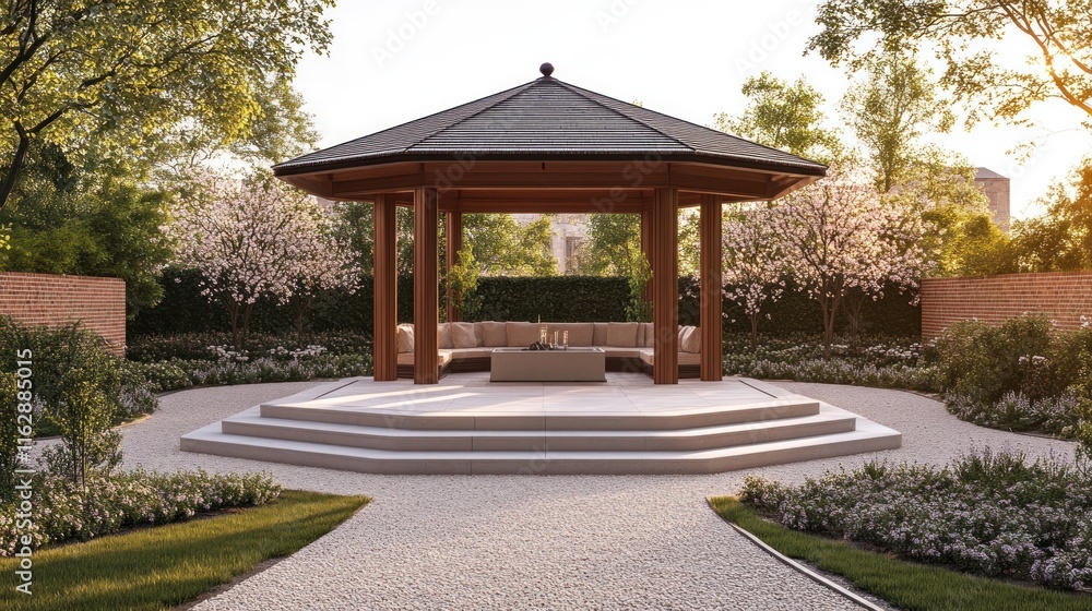 Tranquil wooden gazebo in a landscaped garden with stone steps and seating area. Tranquil wooden gazebo in a landscaped garden with stone steps and seating area.
