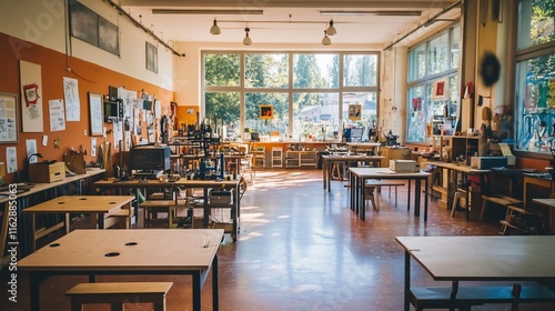 Wallpaper Mural Sunlit classroom with tables, chairs, and art supplies. Torontodigital.ca