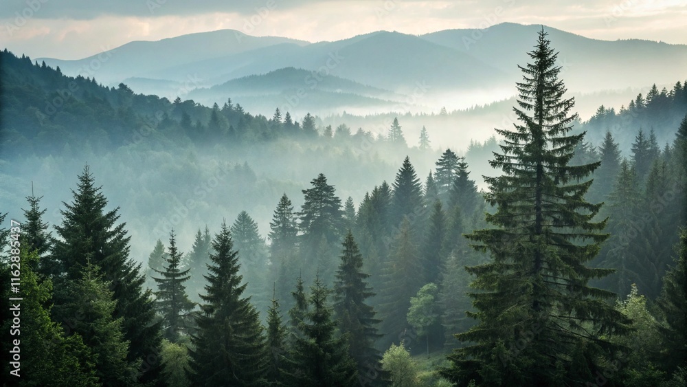 Tranquil Forest Landscape with Evergreen Trees and Soft Foggy Lighting Tranquil Forest Landscape with Evergreen Trees and Soft Foggy Lighting