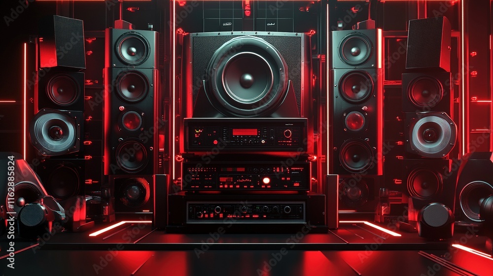 Fototapeta premium Red-lit home theater system with multiple speakers and audio components.