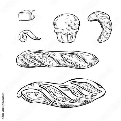 Brioche buns, baguette and croissant black white vector illustration on white. Assorted of French pastries and milk butter curl, piece in monochrome drawing by ink. Artisan rye loaf and bread sketch.