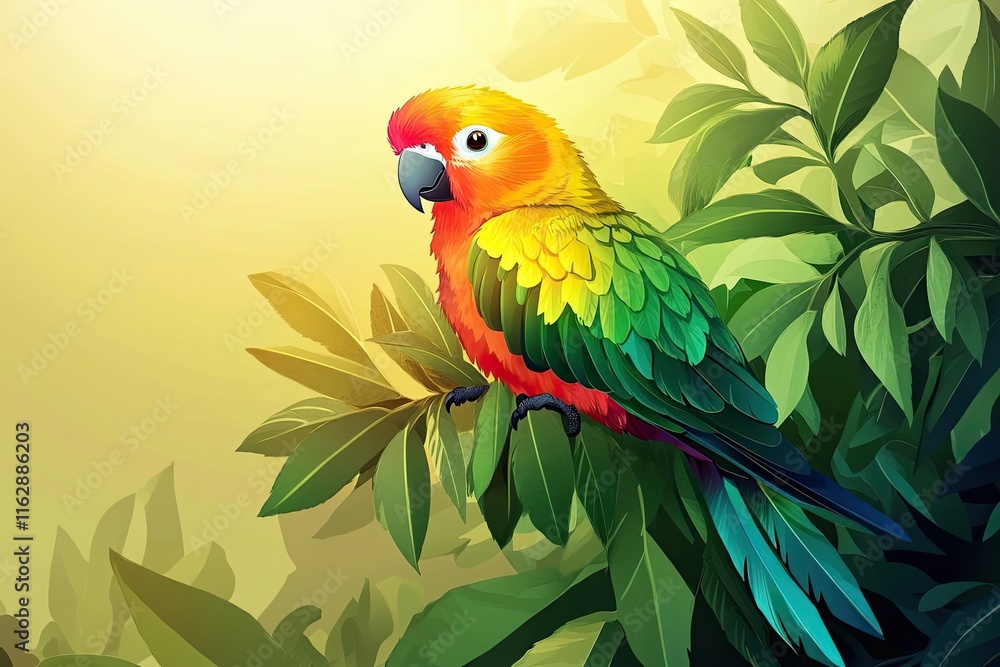 Fototapeta premium Sun Conure Parrot Perched Amongst Lush Green Leaves