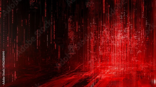 Abstract red digital data stream, futuristic technology background.