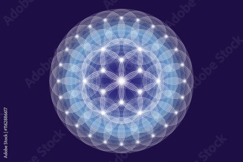 Seed Flower of life lotus icon, logo mandala sacred geometry, symbol of harmony and balance. Mystical talisman, white circles lines vector isolated on blue background