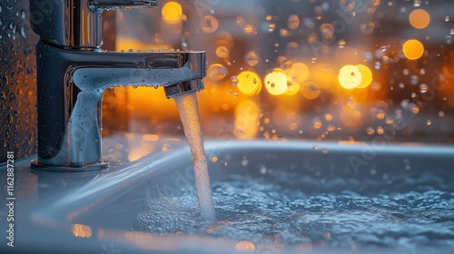 Water flowing from a chrome faucet into a white sink, with splashing water and bokeh lights in the background.. photo