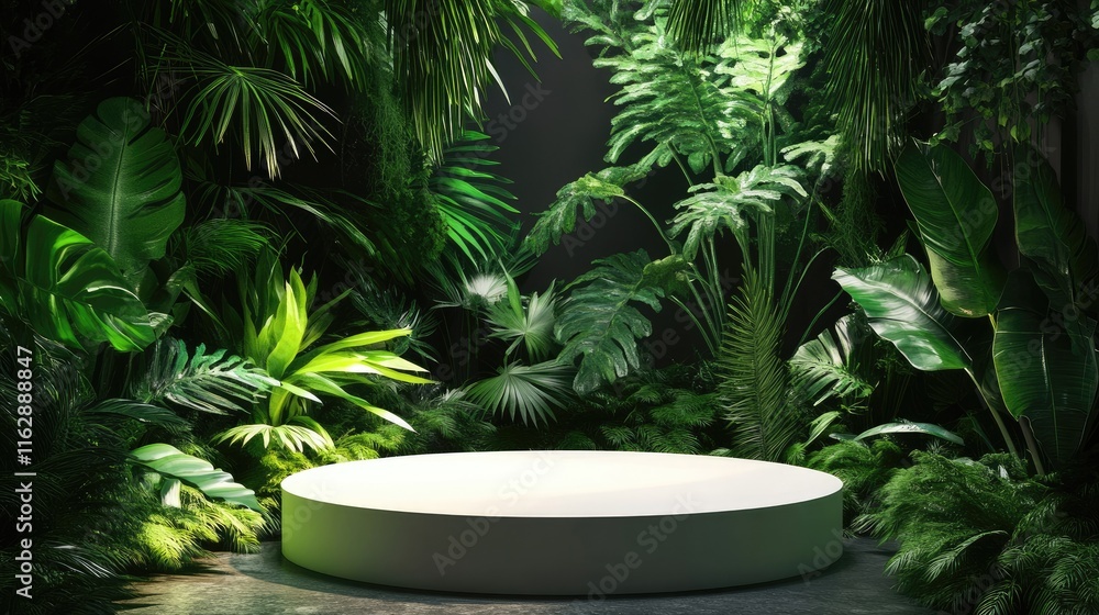 A circular platform surrounded by lush tropical foliage in a vibrant green setting. A circular platform surrounded by lush tropical foliage in a vibrant green setting.