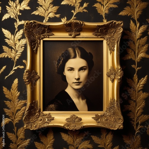 Elegant portrait of a royal  in a vintage golden frame with intricate details, set against a luxurious textured gold and black photo