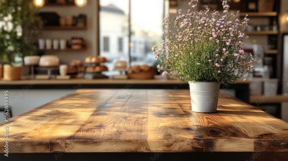 Wooden table in a cafe with a flower pot. Wooden table in a cafe with a flower pot.