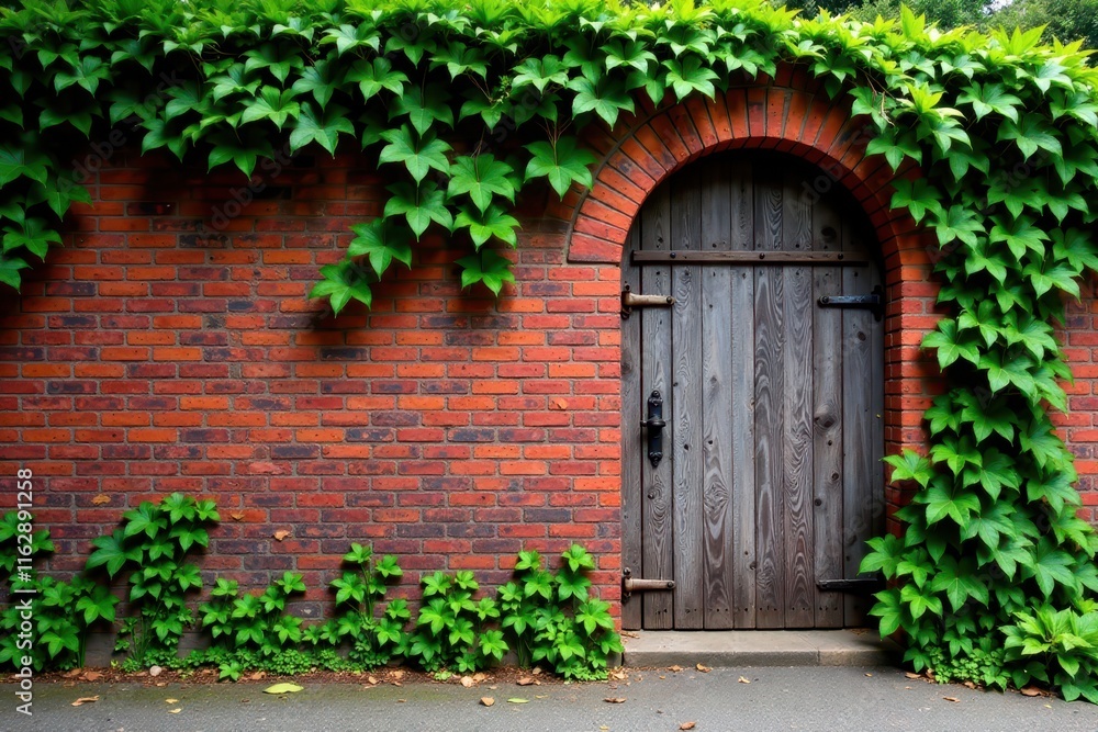Old red brick wall with ivy vines and a weathered wooden gate, gate, outdoors, vintage Old red brick wall with ivy vines and a weathered wooden gate, gate, outdoors, vintage