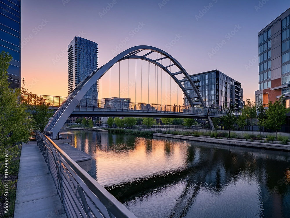 Naklejka premium Modern arched bridge over calm canal at sunset, reflecting city skyline.