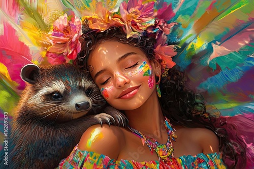 Girl and Raccoon Embrace Colorful Floral Fantasy photo