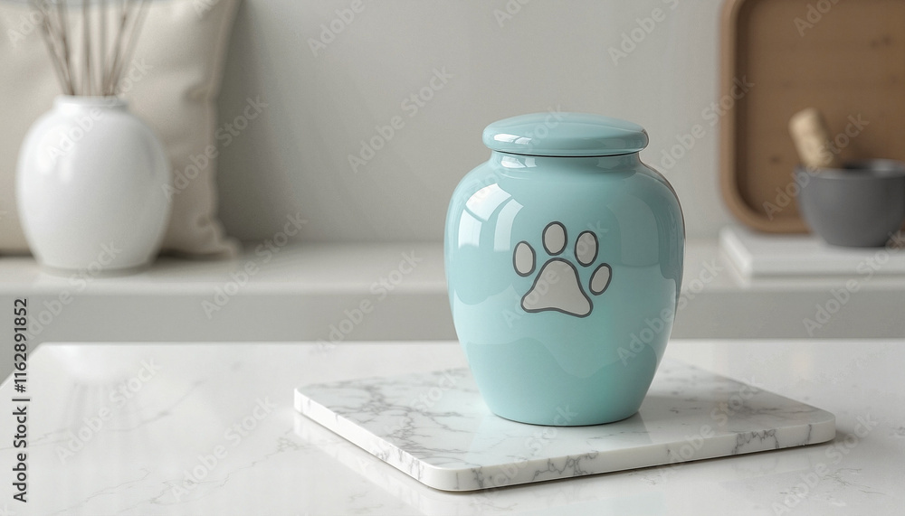 Light Blue Pet Urn with Paw Prints on Marble Surface Light Blue Pet Urn with Paw Prints on Marble Surface