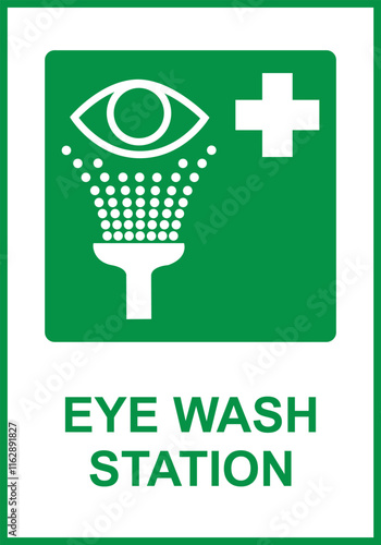 Green sign eye wash station. Designation places where equipment for washing eyes is installed in case ingress chemicals, dust, chips or other harmful materials. Iso 7010. Eye safety.