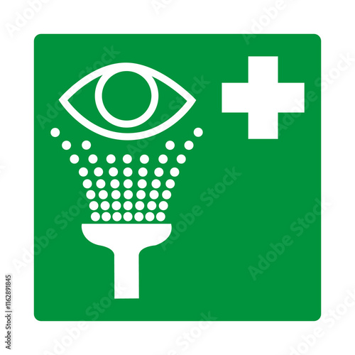 Green sign eye wash station. Designation places where equipment for washing eyes is installed in case ingress chemicals, dust, chips or other harmful materials. Iso 7010. Eye safety.