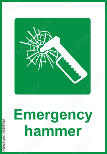 Green sign emergency hammer. Indication the location a hammer intended for breaking glass in emergency situations. Access to escape routes through windows or glass barriers. Iso 7010.