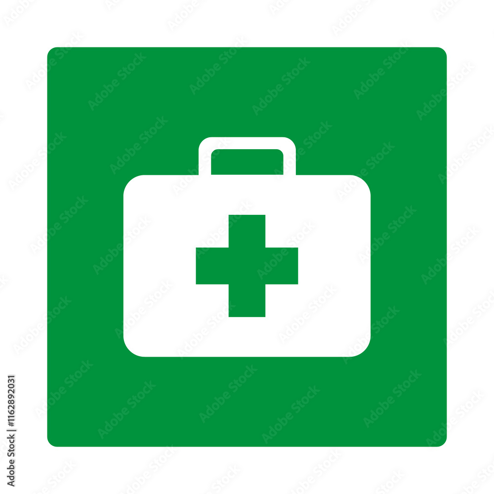 Obraz premium Green sign first aid kit. Indicates the location of a first aid kit containing means for providing first medical aid in emergency situations. First aid means. Iso 7010.