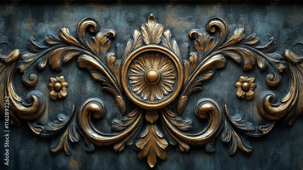 Ornate Gilded Baroque Design: A Close-Up of Intricate Gold and Dark Blue Architectural Detail Ornate Gilded Baroque Design: A Close-Up of Intricate Gold and Dark Blue Architectural Detail