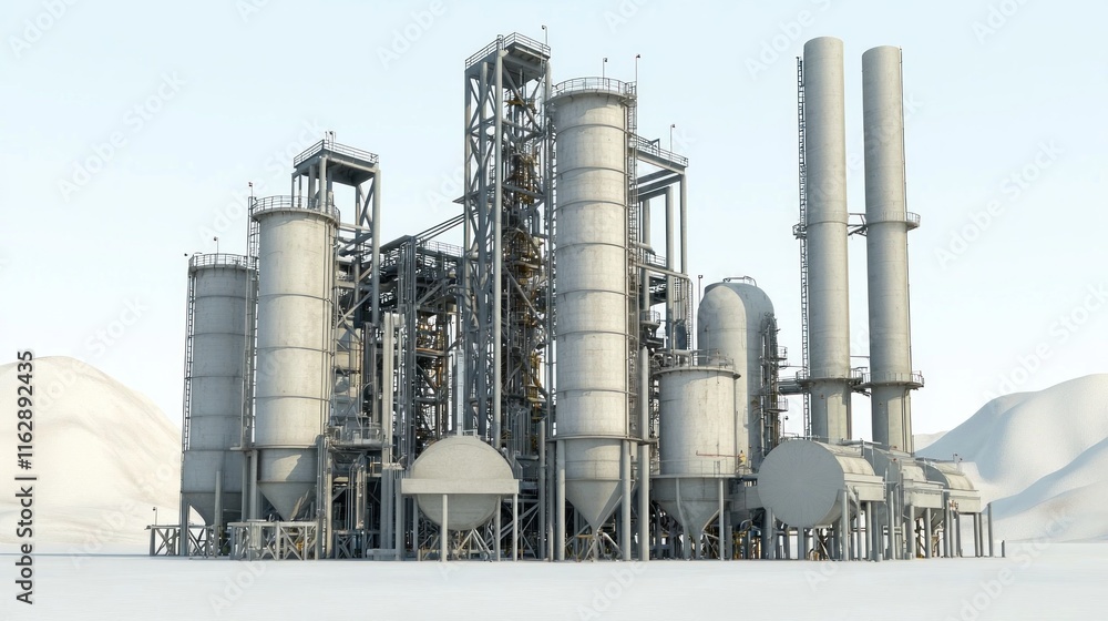 Industrial facility with silos and towers in a barren landscape. Industrial facility with silos and towers in a barren landscape.