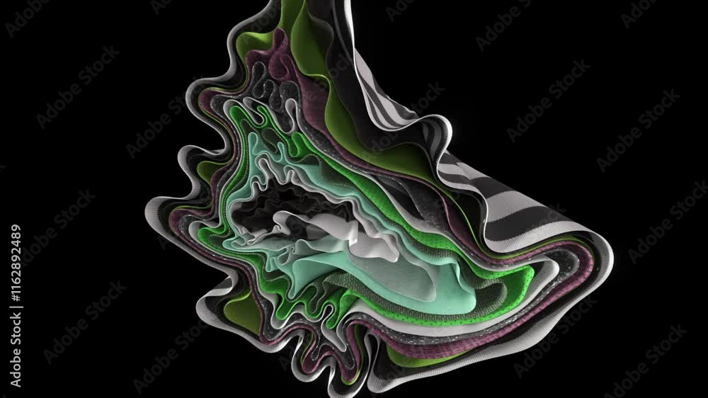 Colorful layers intertwine and undulate, creating a mesmerizing 3d topography against a black background, evoking a sense of depth and complexity