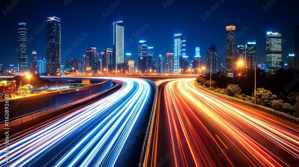 A vibrant cityscape at night with light trails from moving vehicles on a highway. A vibrant cityscape at night with light trails from moving vehicles on a highway.