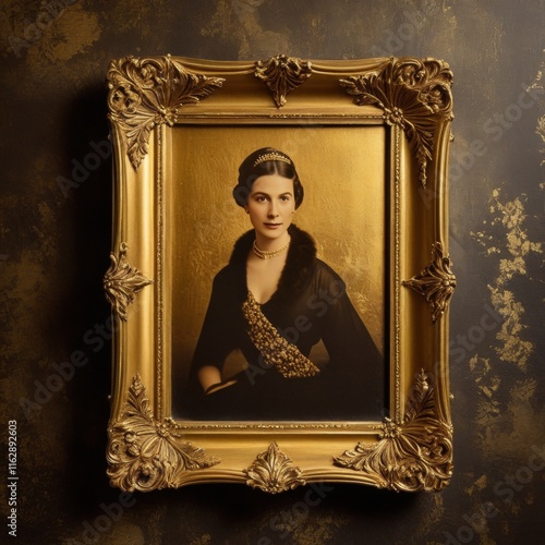 Elegant portrait of a royal  in a vintage golden frame with intricate details, set against a luxurious textured gold and black photo