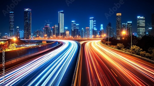 A vibrant cityscape at night with light trails from moving vehicles on a highway. photo