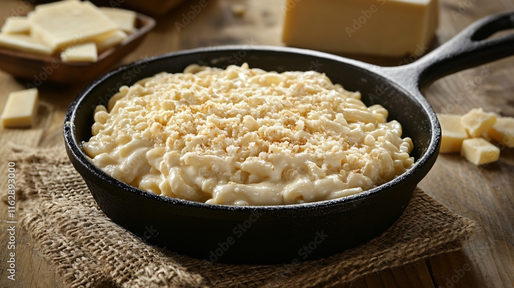 A cast-iron skillet filled with creamy macaroni and cheese, isolated on a rustic burlap backdrop with cheese blocks nearby