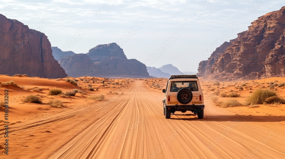 A vehicle drives through a sandy desert landscape, showcasing adventure and exploration. A vehicle drives through a sandy desert landscape, showcasing adventure and exploration.