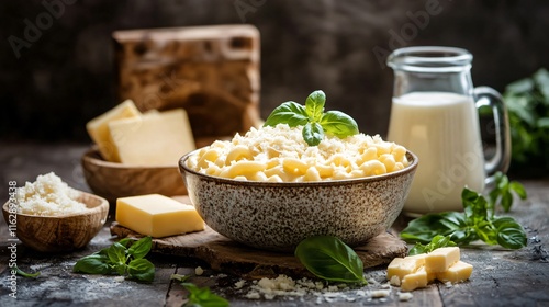 A rustic serving of macaroni and cheese in a ceramic bowl, surrounded by fresh ingredients like milk, butter, and cheddar