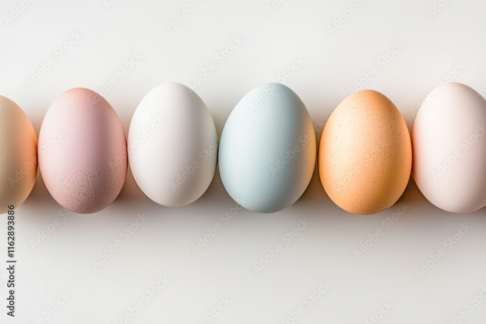 Pastel-colored Easter eggs arranged in a row on a white background with soft lighting. Pastel-colored Easter eggs arranged in a row on a white background with soft lighting.