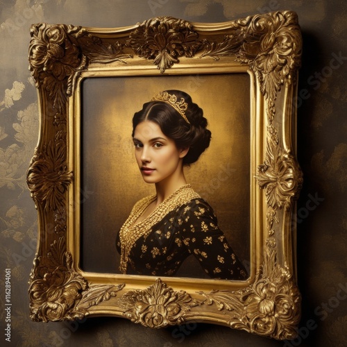 Elegant portrait of a royal  in a vintage golden frame with intricate details, set against a luxurious textured gold and black photo