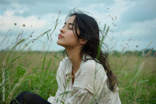 Serene young woman enjoying nature sitting in tall grass with mountains in the background