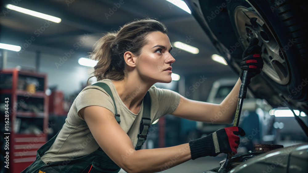 Focused female mechanic working intently on a vehicle's undercarriage.Close-up of a mechanic's hands working on a car's wheel. Focused female mechanic working intently on a vehicle's undercarriage.Close-up of a mechanic's hands working on a car's wheel.