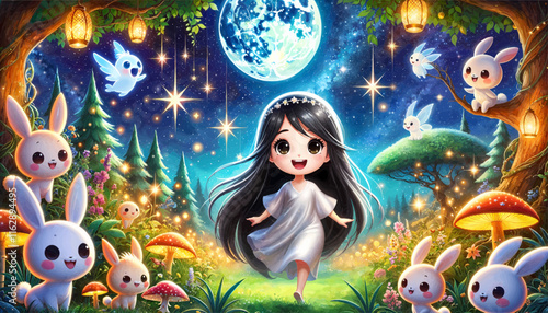  A girl in a silver dress surrounded by glowing magical creatures in a moonlit, starry garden filled with joy and playfulness.