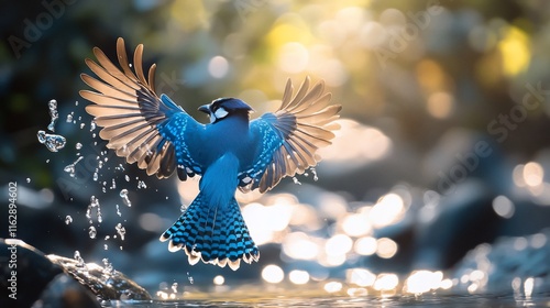 Blue jay in flight, splashing water, sunlight. photo