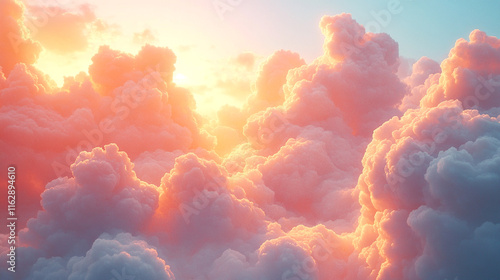 Fluffy pink and orange clouds illuminated by soft sunlight during a serene sunset in the sky photo