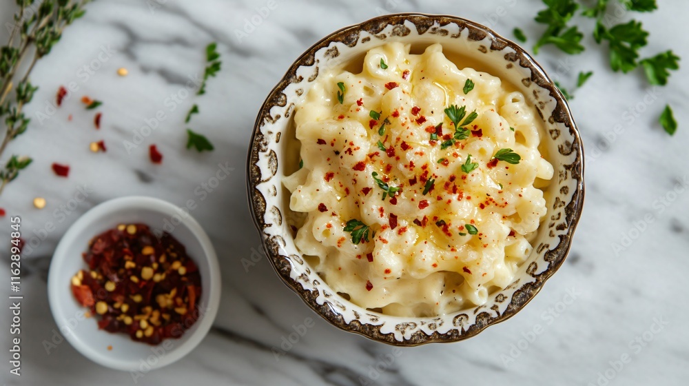 Macaroni and cheese served in a decorative ramekin, isolated on a marble surface with a side of red pepper flakes Macaroni and cheese served in a decorative ramekin, isolated on a marble surface with a side of red pepper flakes