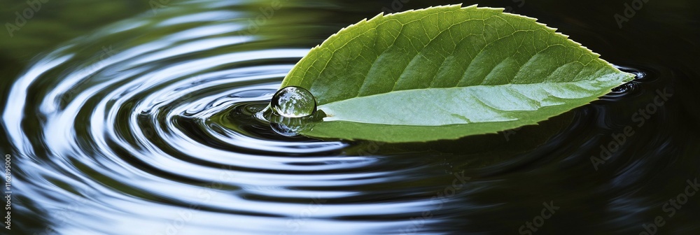 Green leaf floats on water surface, creating ripples.
