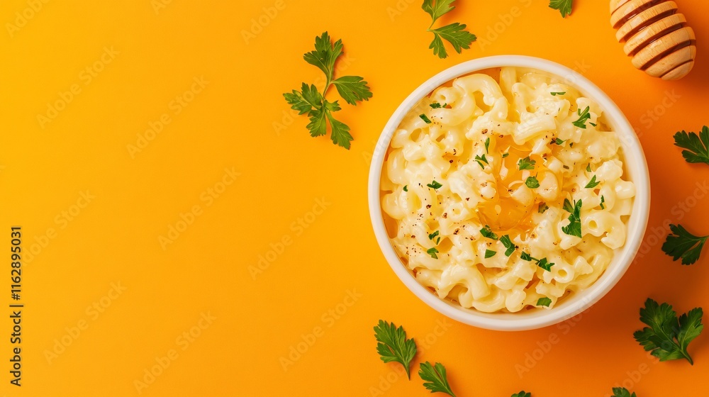 Macaroni and cheese served with a drizzle of hot honey, isolated on a bright orange background with parsley sprigs Macaroni and cheese served with a drizzle of hot honey, isolated on a bright orange background with parsley sprigs