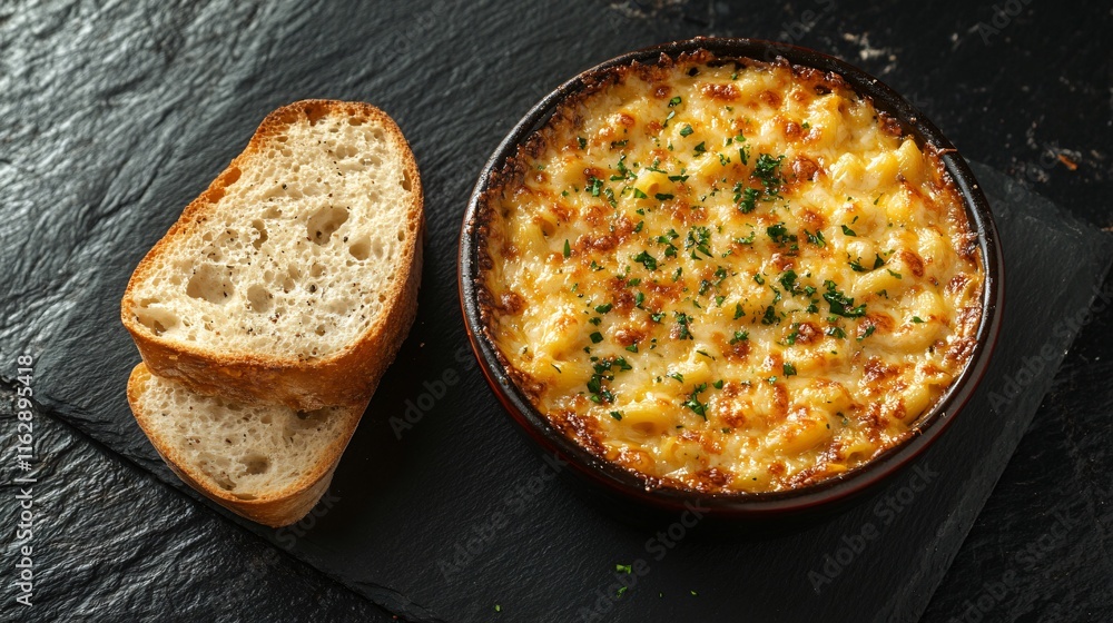 Macaroni and cheese with a bubbling cheese crust, isolated on a black slate background with a side of garlic bread Macaroni and cheese with a bubbling cheese crust, isolated on a black slate background with a side of garlic bread